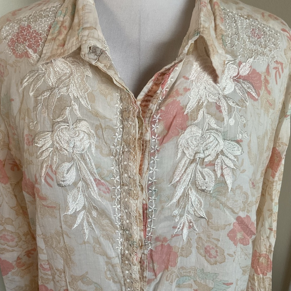 Vintage GOA Light Pink Floral Button Down 100% Cotton Made in India Medium - Picture 3 of 7